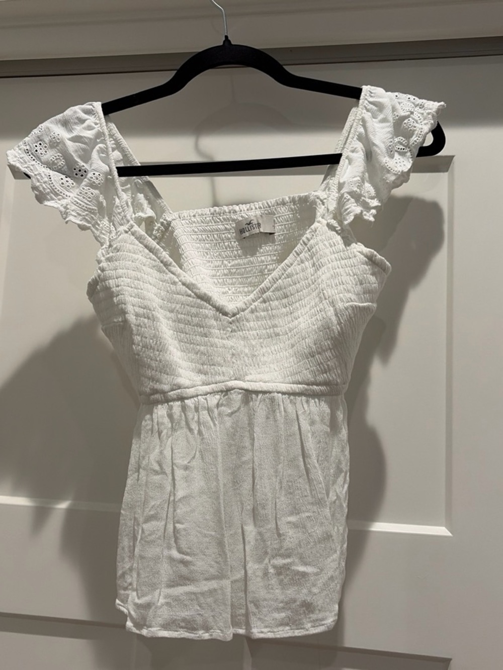 Hollister White Eyelet Flutter-Sleeve Smocked Tank Top